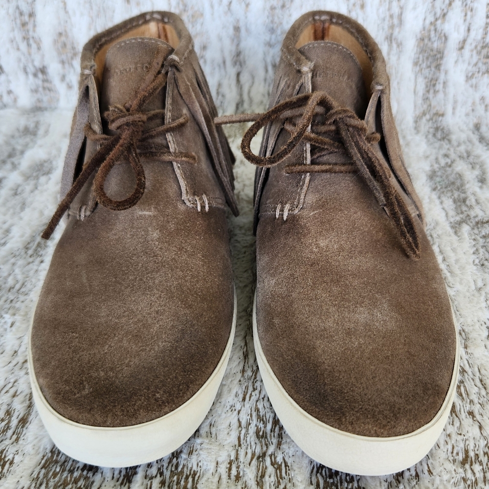 Frye "Dylan" Suede Fringed Moccasin Sneakers Taupe Tan Western | Women's Size 9 - Picture 3 of 12